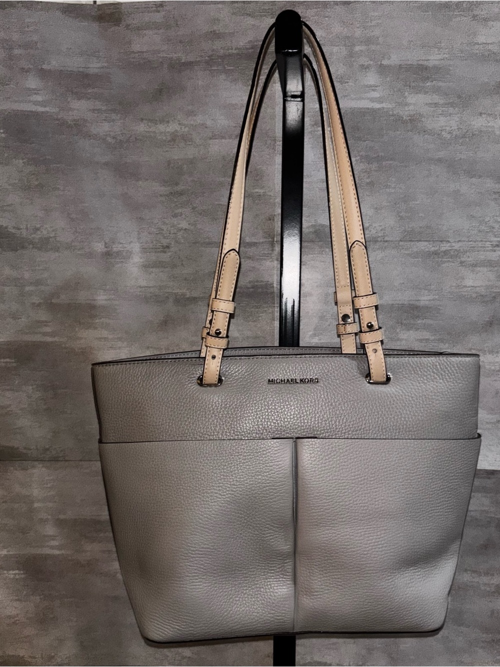 Michael Kors Pebbled Leather Tote in Gray with Beige Straps